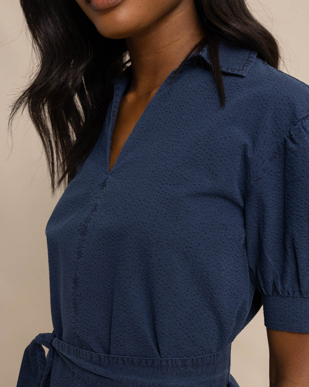 The detail view of the Southern Tide Calan Washed Seersucker Dress by Southern Tide - Dress Blue