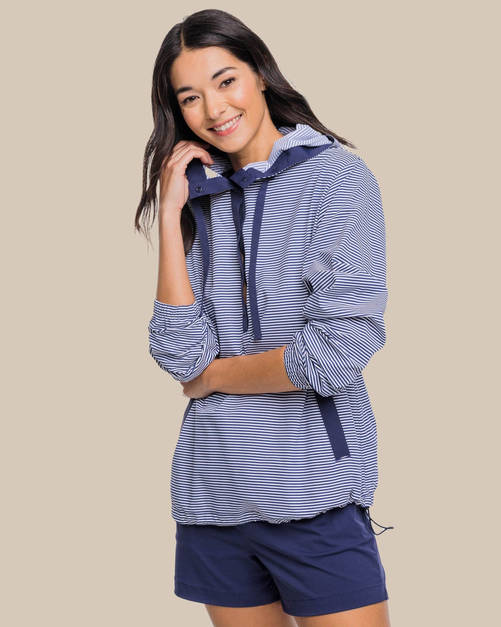 The front view of the Southern Tide Calie Skip Stripe Popover by Southern Tide - Classic White