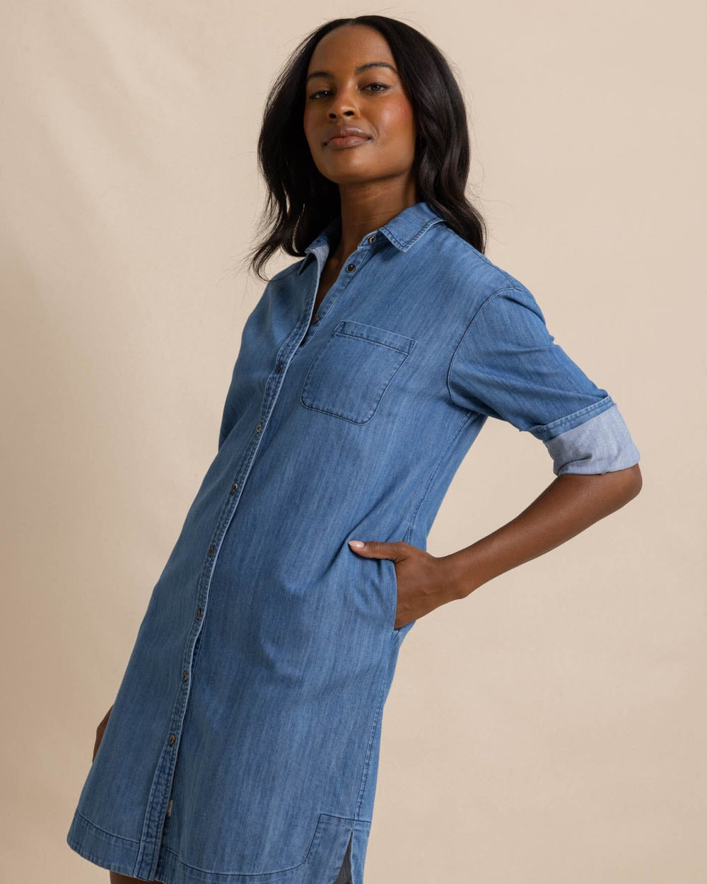 The front view of the Southern Tide Cam Denim Dress by Southern Tide - Medium Wash Indigo