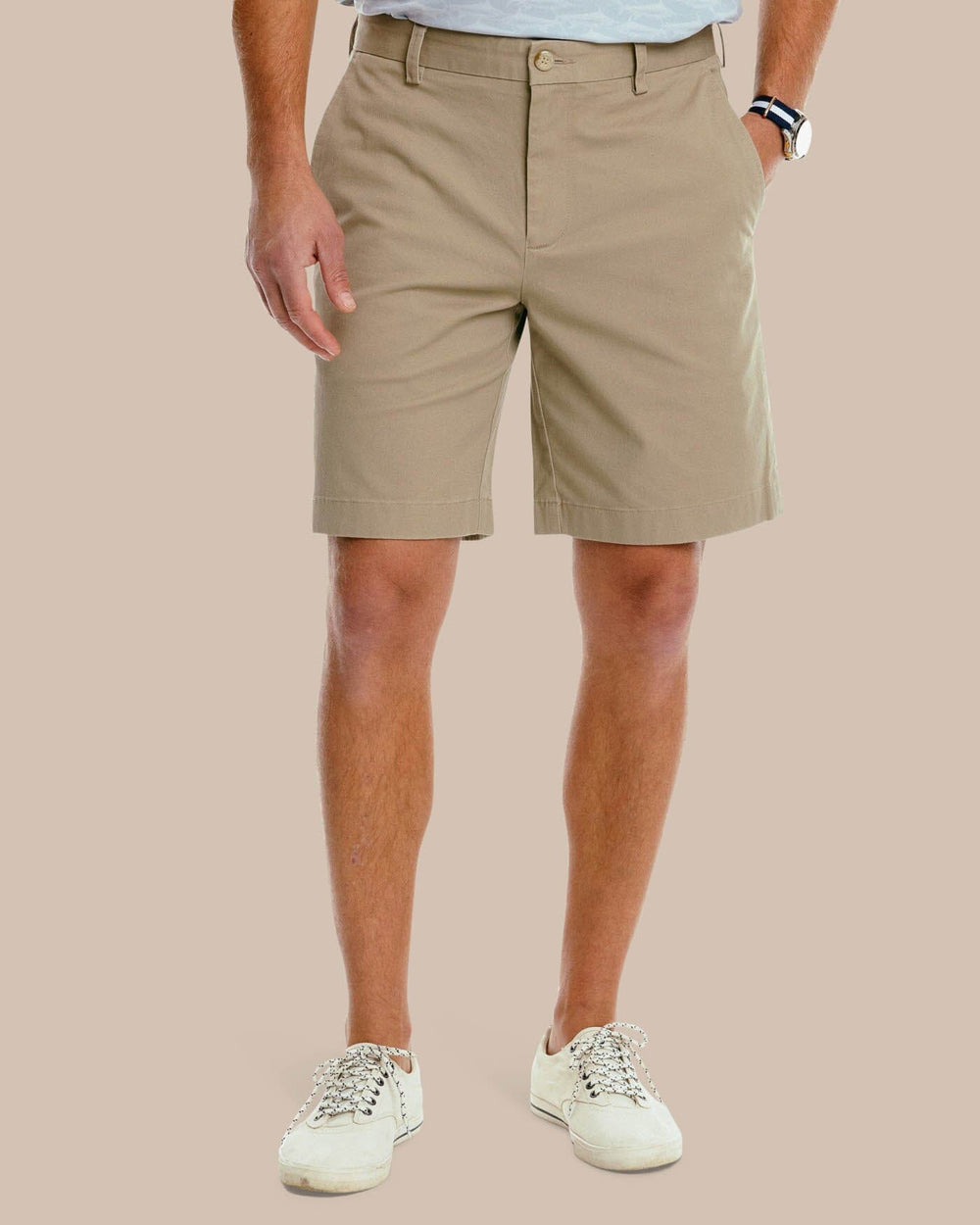 The front view of the Men's New Channel Marker 9 Inch Short by Southern Tide - Sandstone Khaki