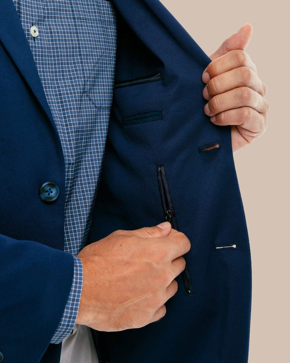The inside of the Men's Charleston Navy Blazer by Southern Tide - Navy