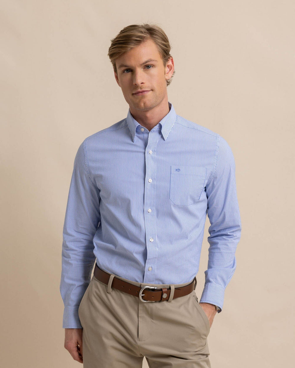 The front view of the Southern Tide Charleston Granby Stripe Long Sleeve Sport Shirt by Southern Tide - Cobalt Blue