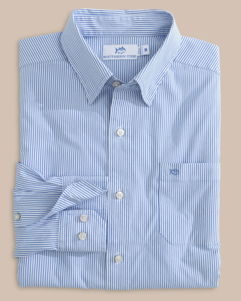 The front view of the Southern Tide Charleston Granby Stripe Long Sleeve Sport Shirt by Southern Tide - Cobalt Blue
