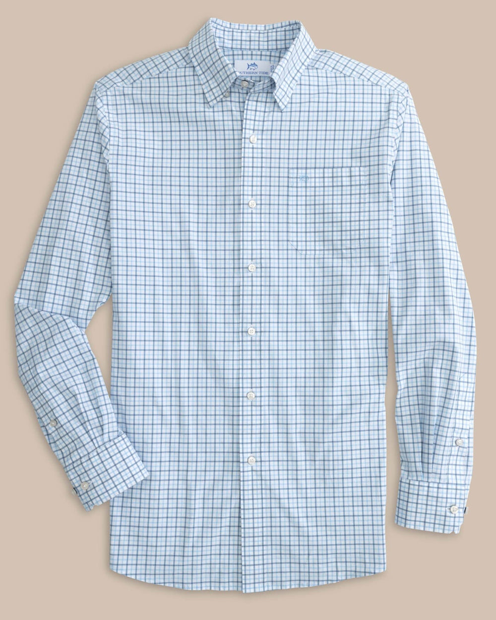 The front view of the Southern Tide Charleston Larkin Check Long Sleeve Sport Shirt by Southern Tide - Clearwater Blue