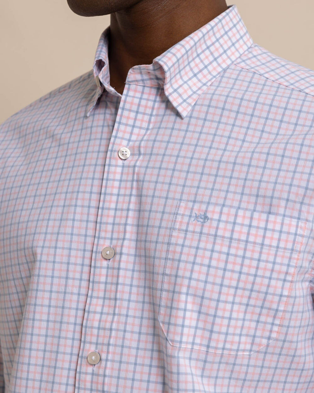 The detail view of the Southern Tide Charleston Larkin Check Long Sleeve Sport Shirt by Southern Tide - Pale Rosette Pink
