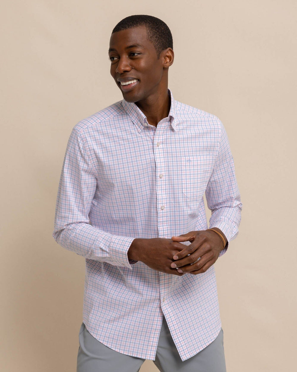 The front view of the Southern Tide Charleston Larkin Check Long Sleeve Sport Shirt by Southern Tide - Pale Rosette Pink