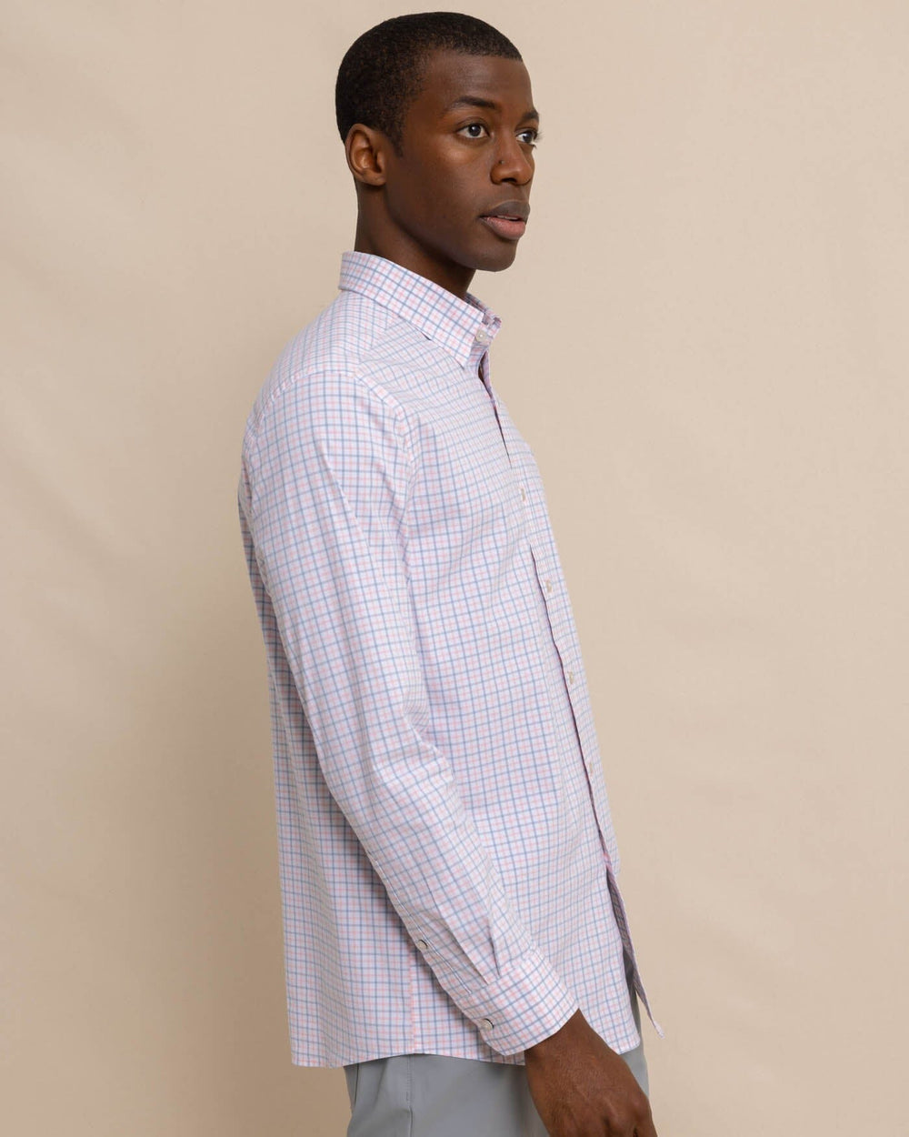 The front view of the Southern Tide Charleston Larkin Check Long Sleeve Sport Shirt by Southern Tide - Pale Rosette Pink