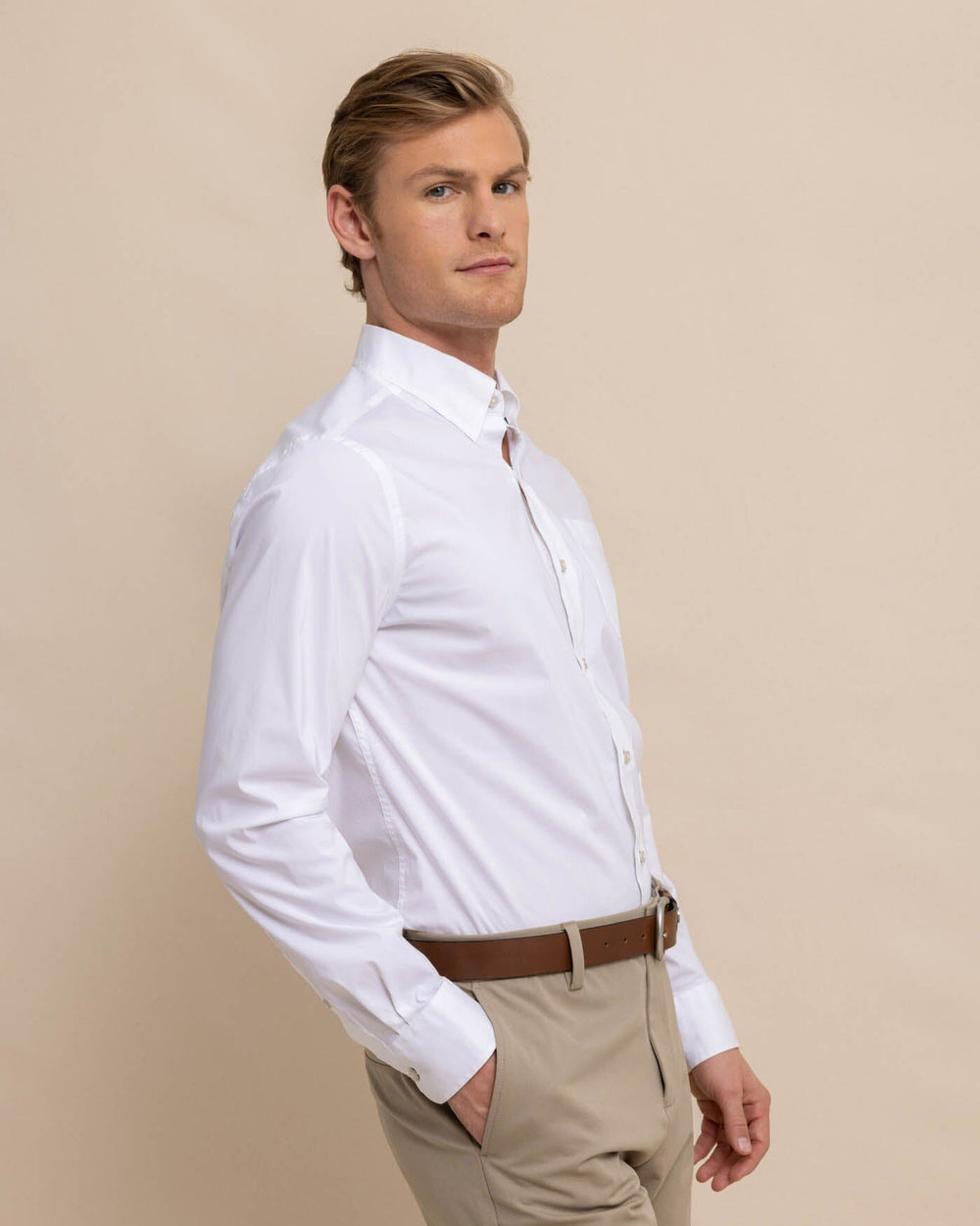 The front view of the Southern Tide Charleston Overbrook Solid Long Sleeve Sport Shirt by Southern Tide - Classic White