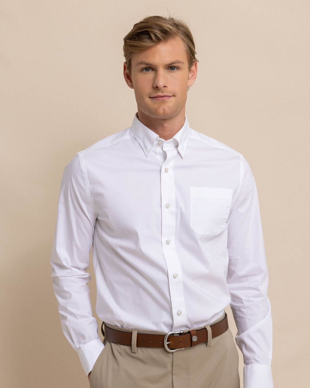 The front view of the Southern Tide Charleston Overbrook Solid Long Sleeve Sport Shirt by Southern Tide - Classic White