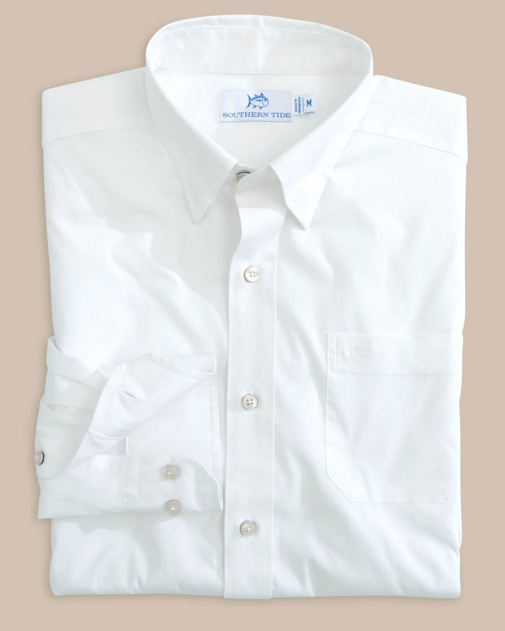 The front view of the Southern Tide Charleston Overbrook Solid Long Sleeve Sport Shirt by Southern Tide - Classic White