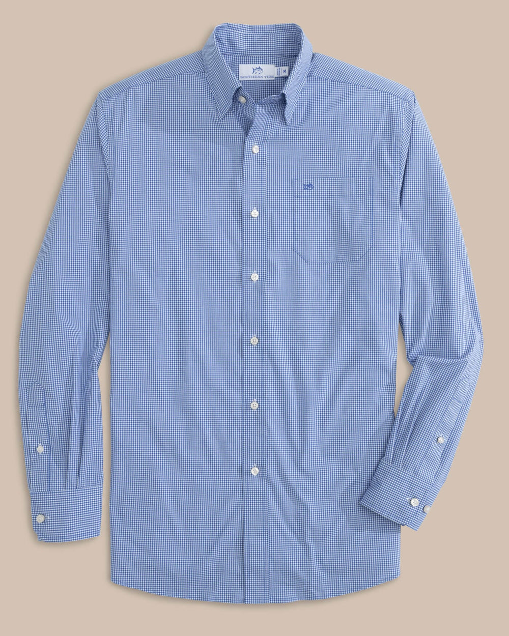 The front view of the Southern Tide Charleston Parkwood Microgingham Long Sleeve Sport Shirt by Southern Tide - Cobalt Blue