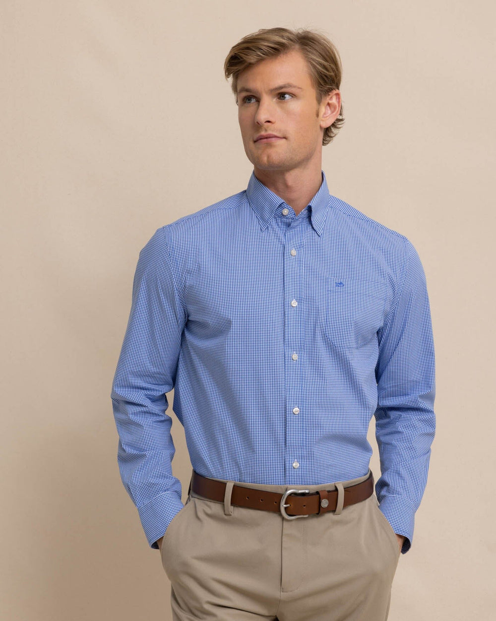 The front view of the Southern Tide Charleston Parkwood Microgingham Long Sleeve Sport Shirt by Southern Tide - Cobalt Blue
