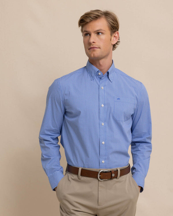 The front view of the Southern Tide Charleston Parkwood Microgingham Long Sleeve Sport Shirt by Southern Tide - Cobalt Blue