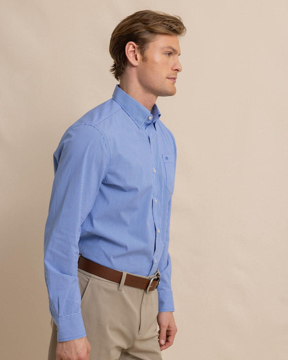 The front view of the Southern Tide Charleston Parkwood Microgingham Long Sleeve Sport Shirt by Southern Tide - Cobalt Blue