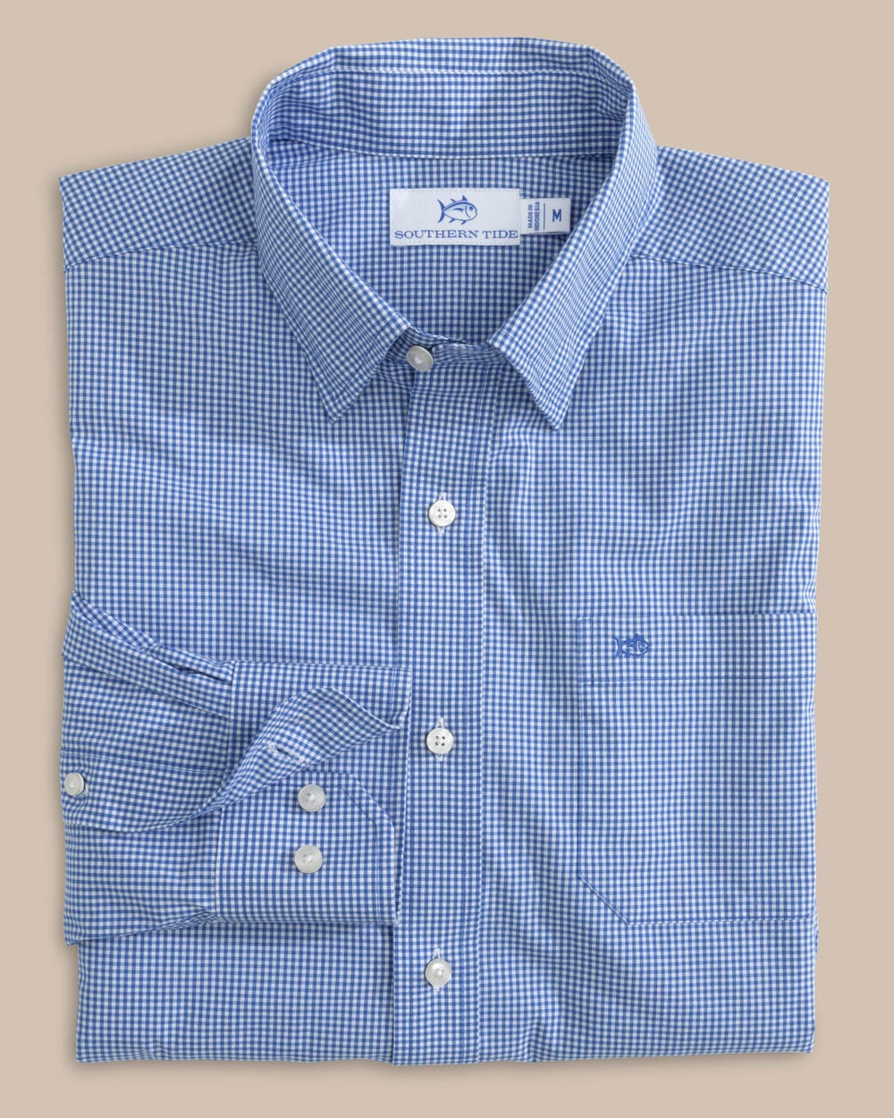 The front view of the Southern Tide Charleston Parkwood Microgingham Long Sleeve Sport Shirt by Southern Tide - Cobalt Blue