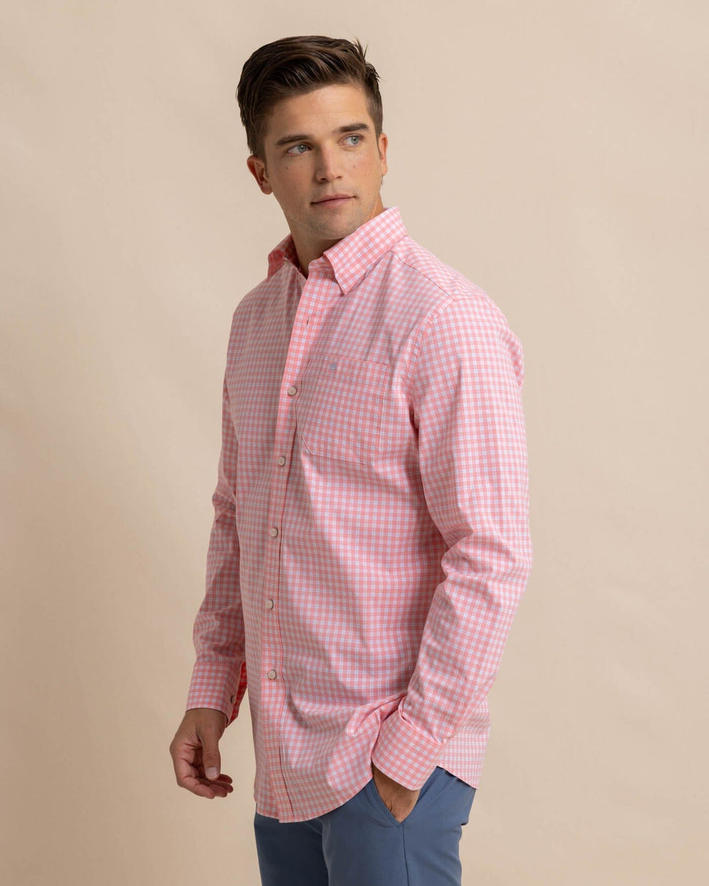 The front view of the Southern Tide Charleston Roanoke Check Long Sleeve Sport Shirt by Southern Tide - Flamingo Pink