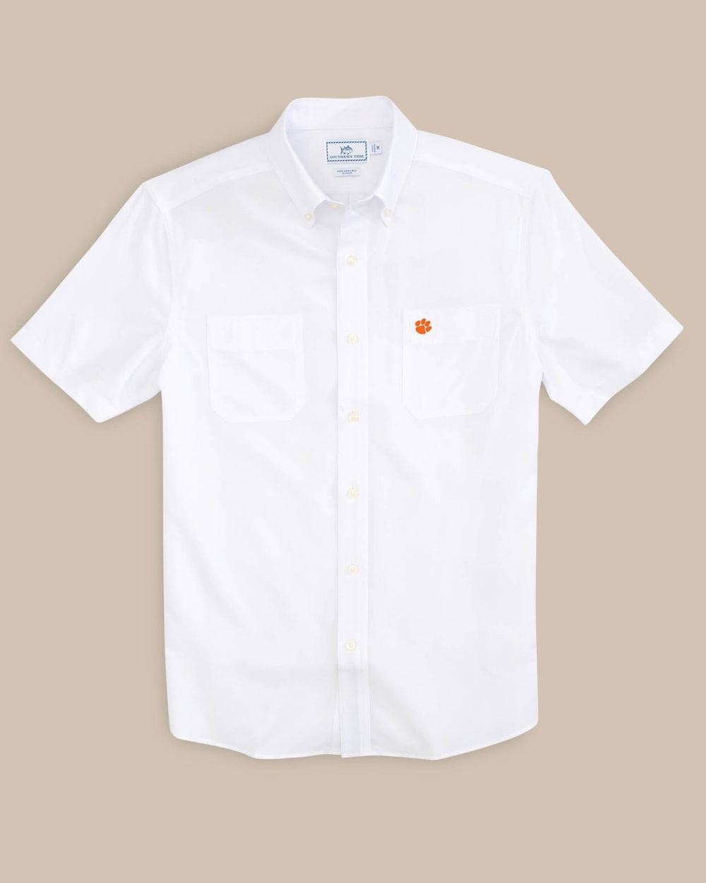 The front view of the Men's White Clemson Tigers Short Sleeve Button Down Dock Shirt by Southern Tide - Classic White