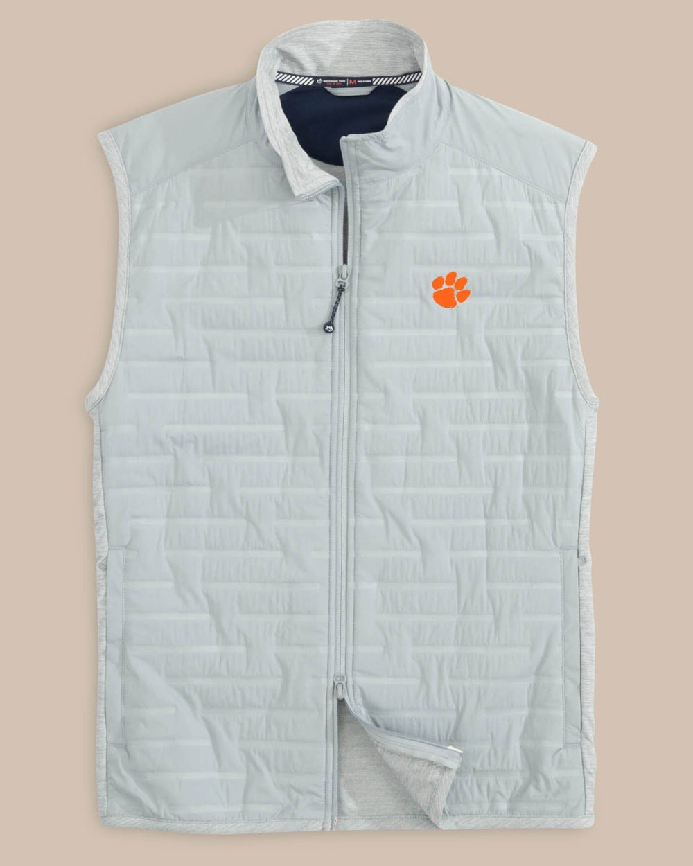 The front view of the Southern Tide Clemson Tigers Tide Abercorn Vest by Southern Tide - Gravel Grey