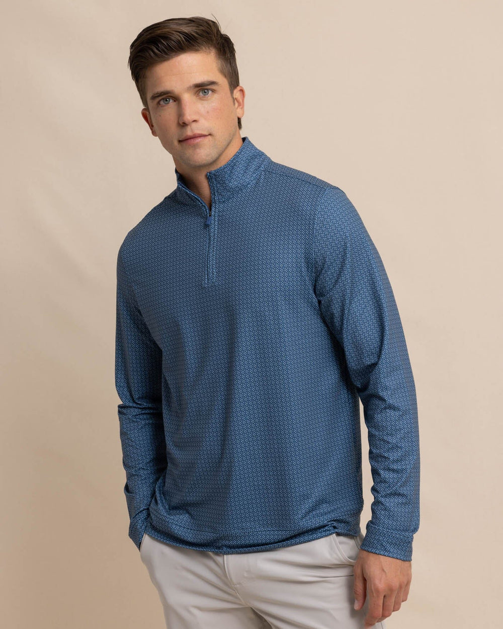 The front view of the Southern Tide Clubbin It Print Cruiser Quarter Zip by Southern Tide - Aged Denim