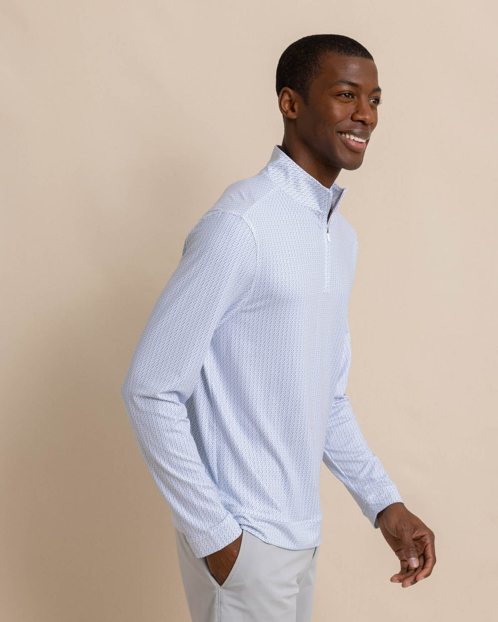 The front view of the Southern Tide Clubbin It Print Cruiser Quarter Zip by Southern Tide - Classic White