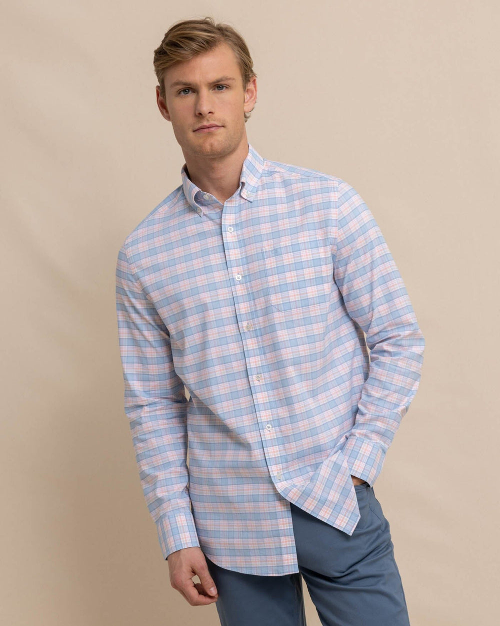 The front view of the Southern Tide Coastal Passage Brockman Plaid Long Sleeve SportShirt by Southern Tide - Clearwater Blue