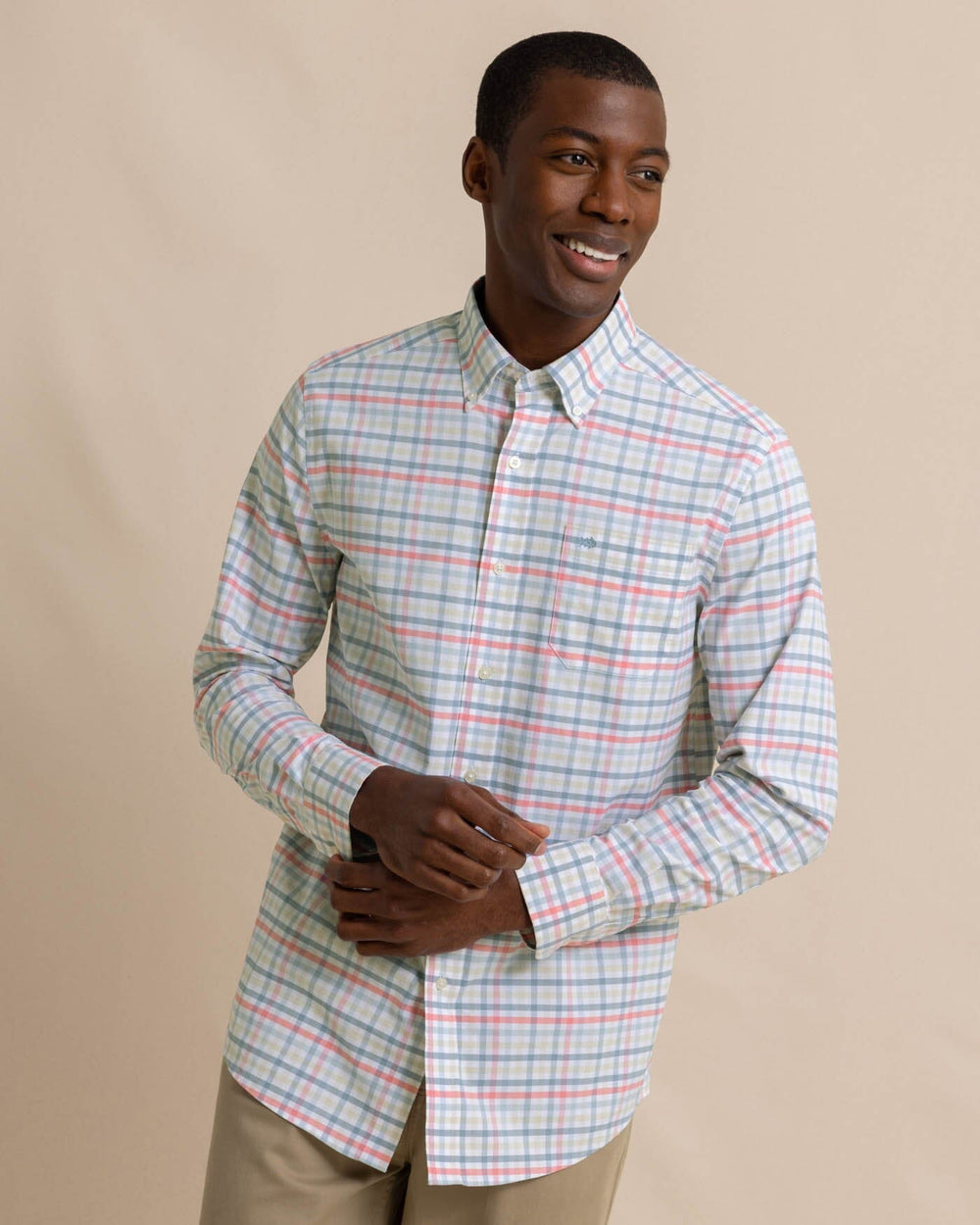 The front view of the Southern Tide Coastal Passage Pelham Gingham Long Sleeve Sport Shirt by Southern Tide - Geranium Pink