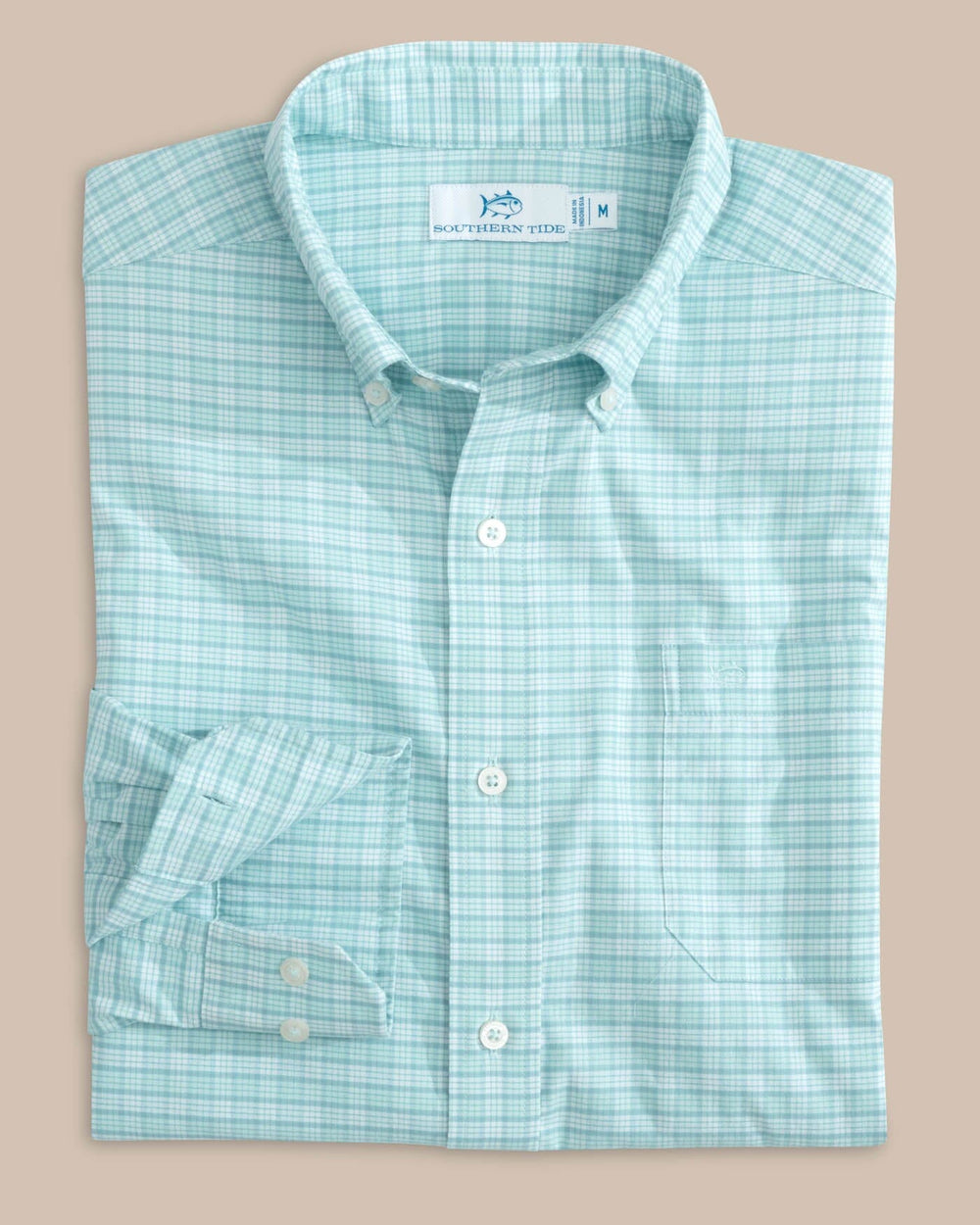 The front view of the Southern Tide Coastal Passage Trailside Plaid Long Sleeve Sport Shirt by Southern Tide - Wake Blue