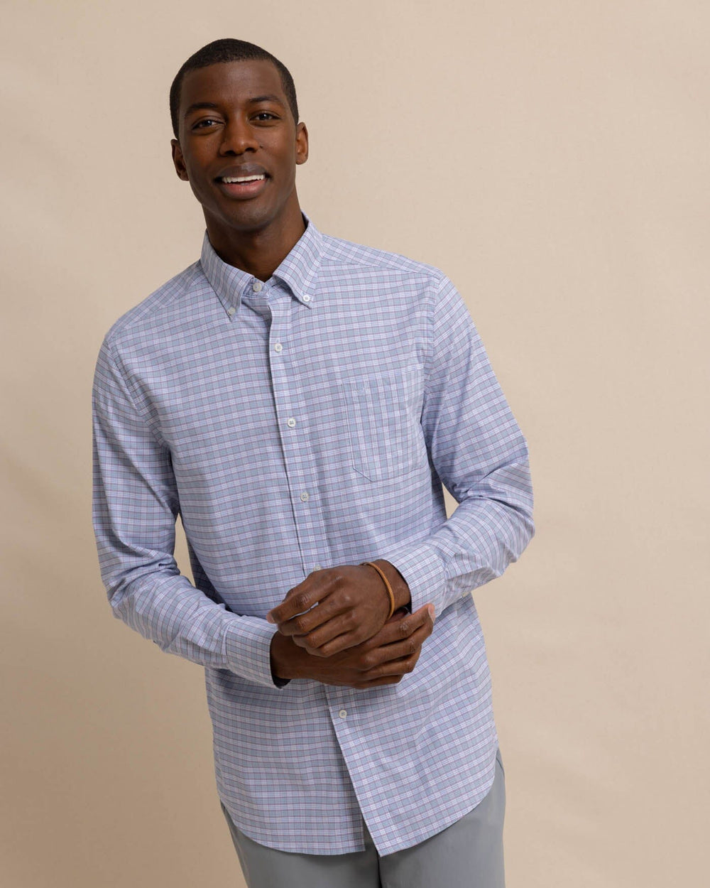 The front view of the Southern Tide Coastal Passage Trailside Plaid Long Sleeve SportShirt by Southern Tide - Subdued Blue
