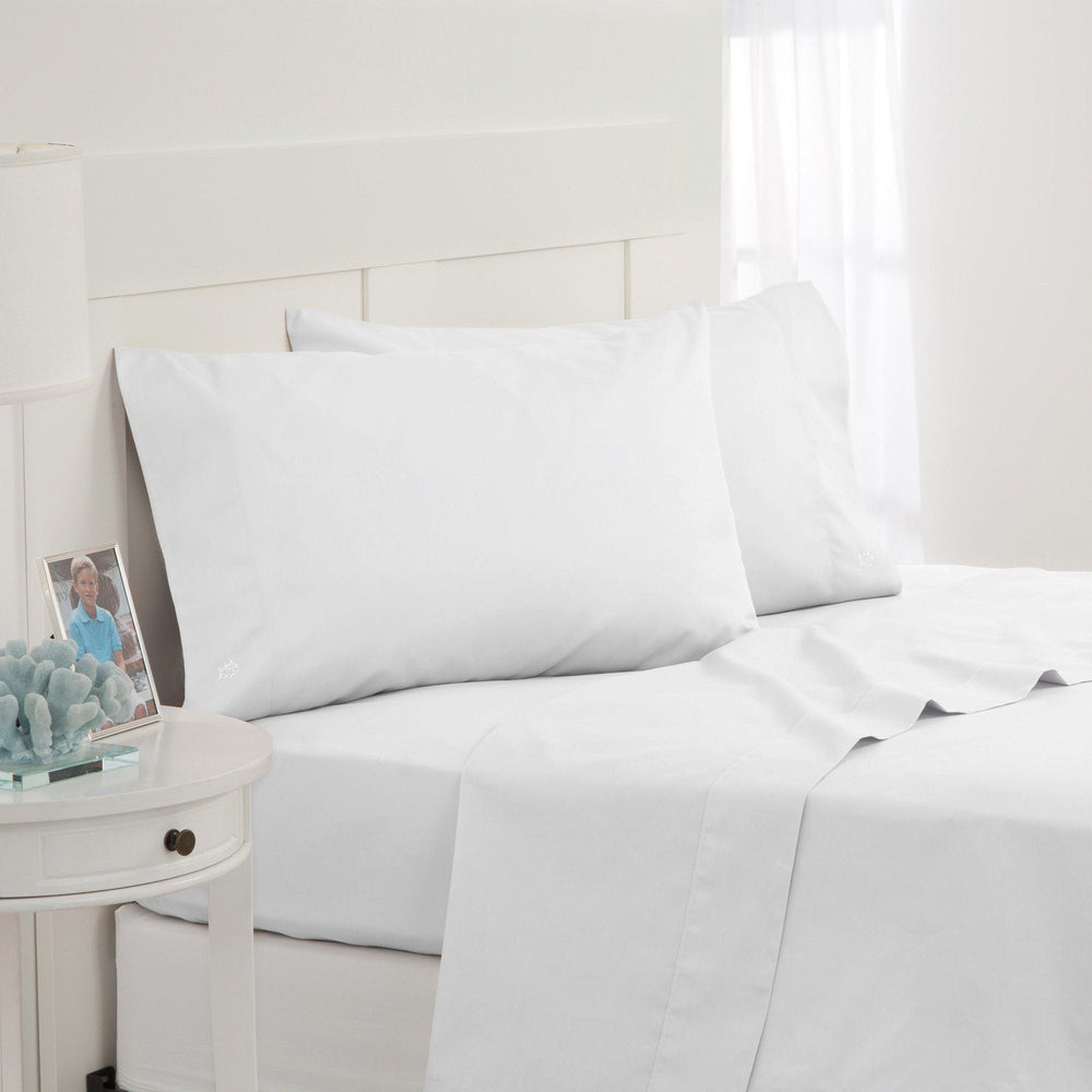 The angle front view of the Southern Tide Cotton Twill Sheet Set by Southern Tide - White