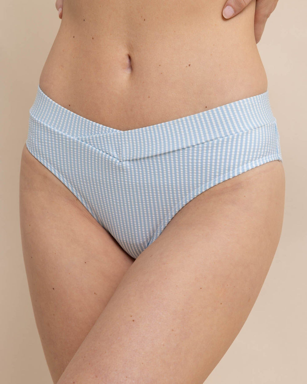 The front view of the Southern Tide Cross Over Bikini Bottom in Seersucker by Southern Tide - Clearwater Blue