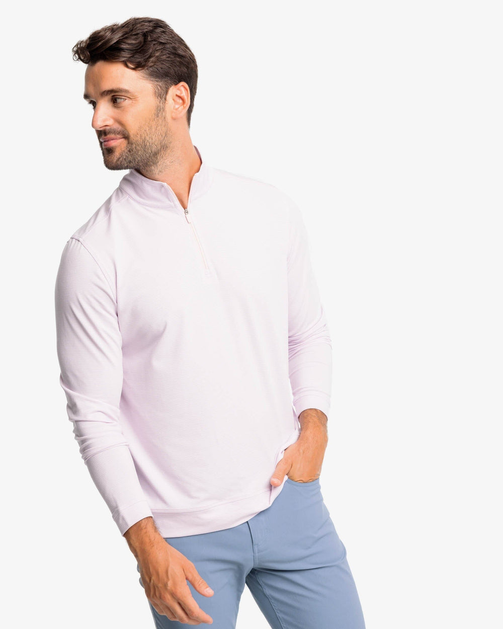 The front view of the Southern Tide Cruiser Heather Micro-Stripe Performance Quarter Zip by Southern Tide - Heather Rose Blush