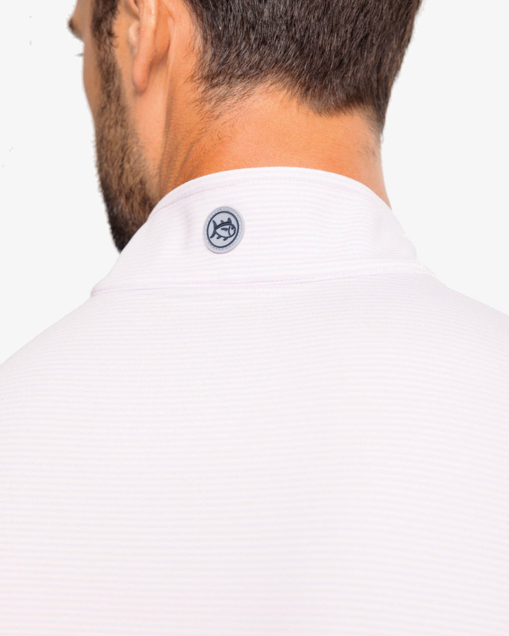 The yoke view of the Southern Tide Cruiser Heather Micro-Stripe Performance Quarter Zip by Southern Tide - Heather Rose Blush