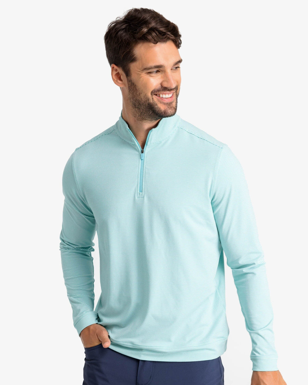 The front view of the Southern Tide Cruiser Heather Micro-Stripe Performance Quarter Zip by Southern Tide - Heather Tidal Wave