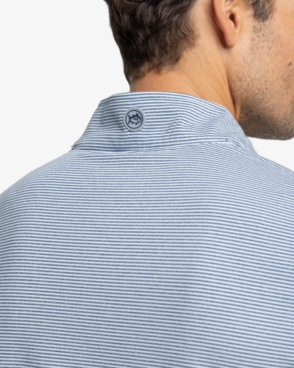 The yoke view of the Southern Tide Cruiser Heather Micro-Stripe Performance Quarter Zip Pullover by Southern Tide - Heather Dream Blue