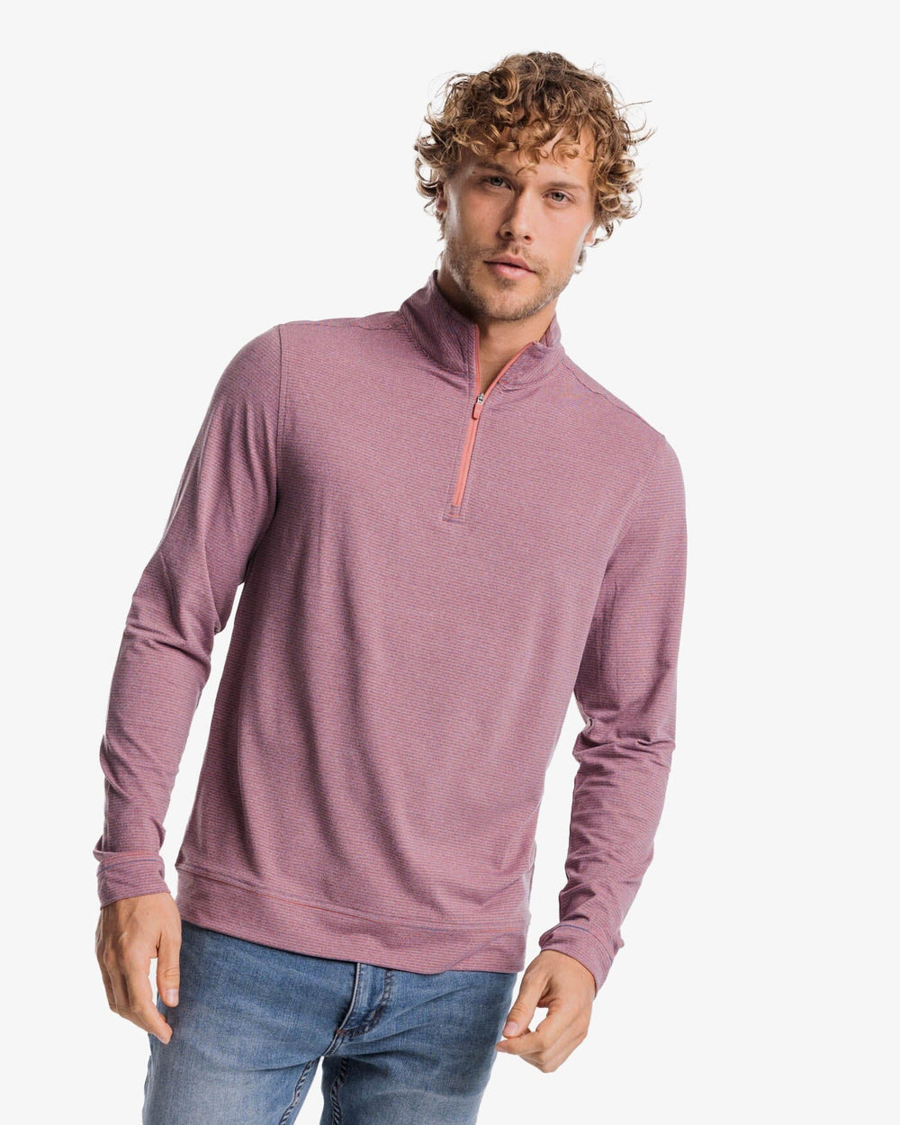 The front view of the Southern Tide Cruiser Heather Micro-Stripe Performance Quarter Zip by Southern Tide - Heather Dusty Coral