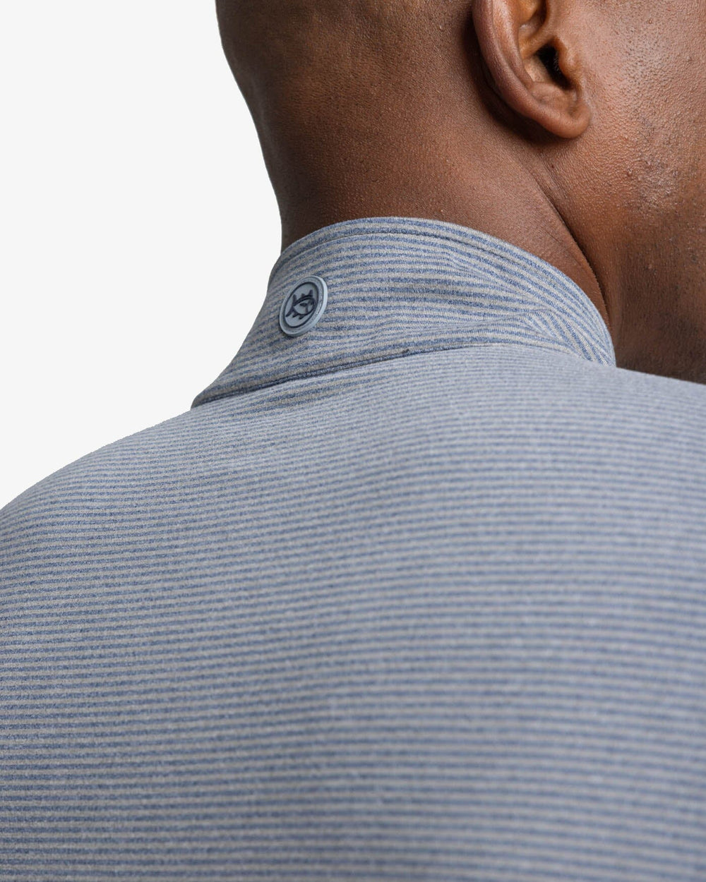 The yoke view of the Southern Tide Cruiser Heather Micro-Stripe Performance Quarter Zip Pullover by Southern Tide - Heather Shadow Grey