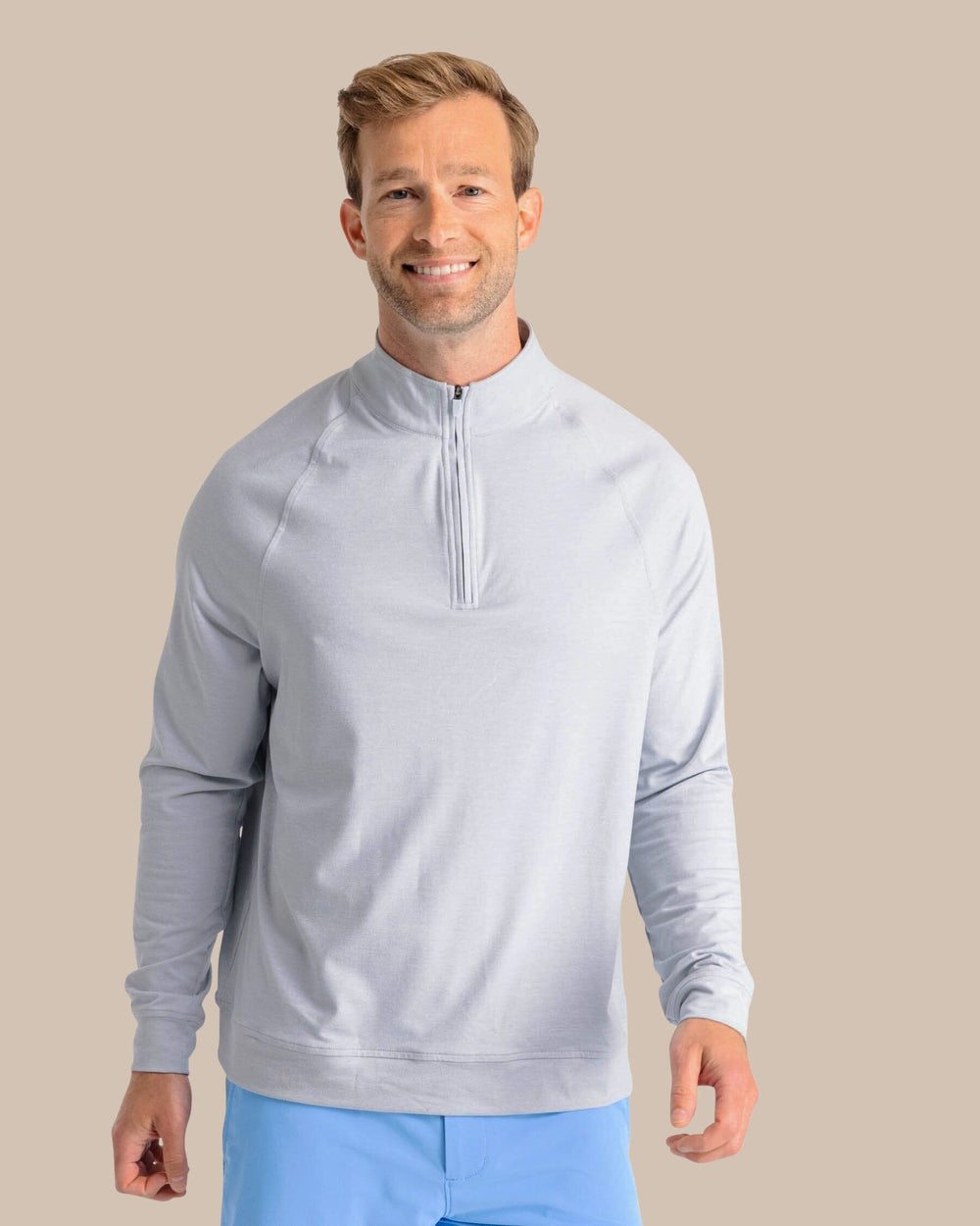 The front view of the Southern Tide Cruiser Heather Quarter Zip by Southern Tide - Heather Slate Grey