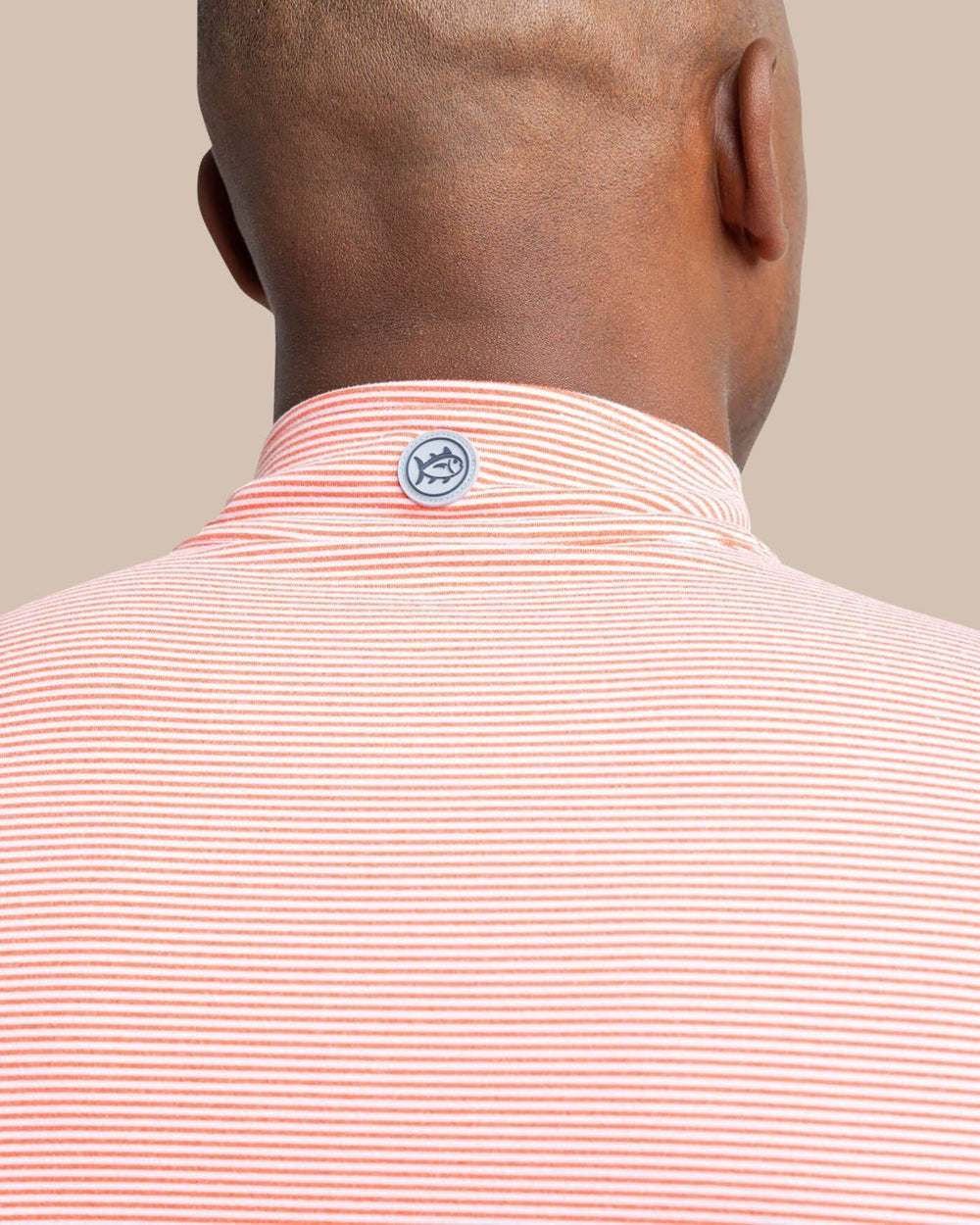 The yoke view of the Southern Tide Cruiser Micro-Stripe Heather Quarter Zip by Southern Tide - Heather Endzone Orange