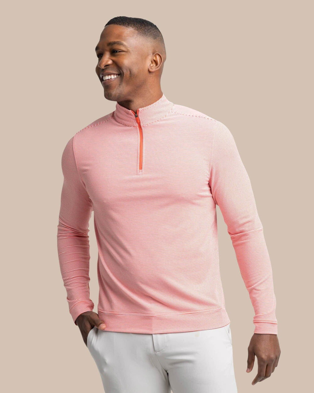 The front view of the Southern Tide Cruiser Micro-Stripe Heather Quarter Zip by Southern Tide - Heather Endzone Orange