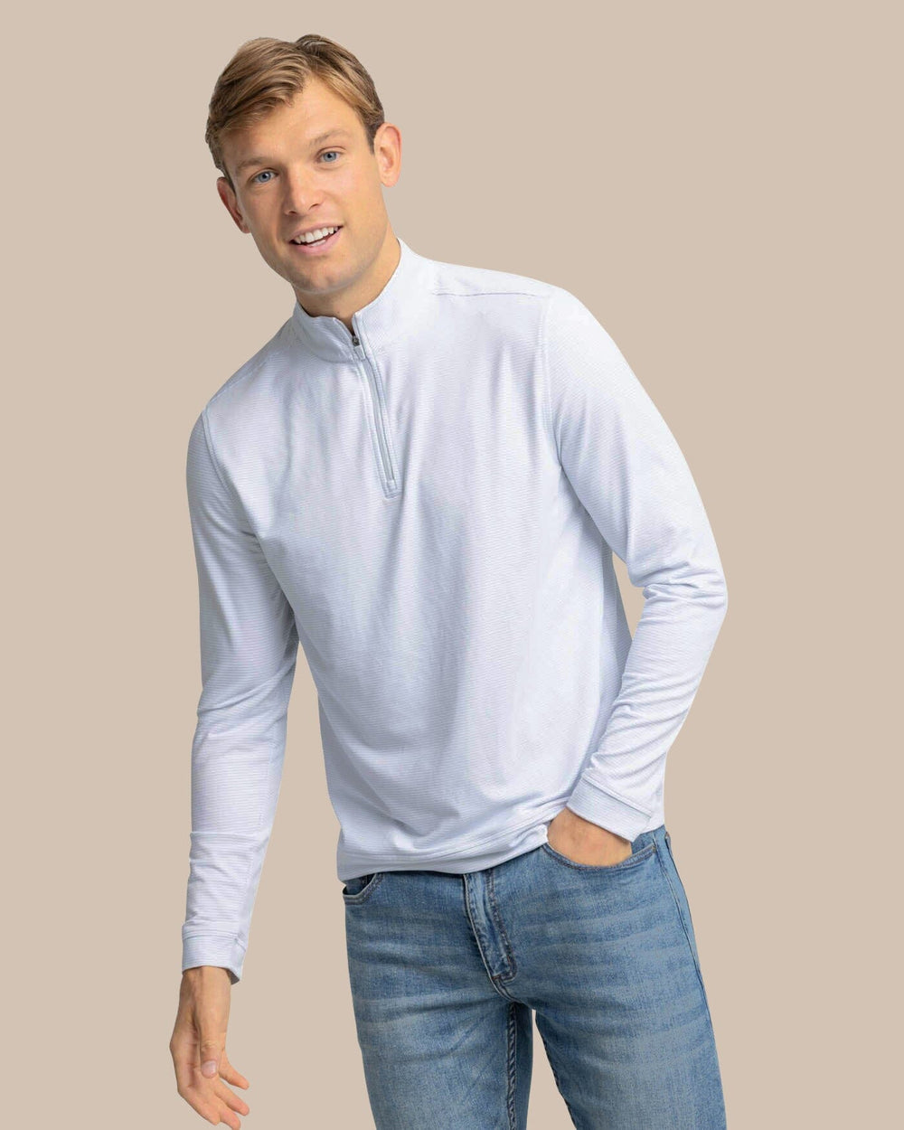 The front view of the Southern Tide Cruiser Micro-Stripe Heather Quarter Zip by Southern Tide - Heather Slate Grey