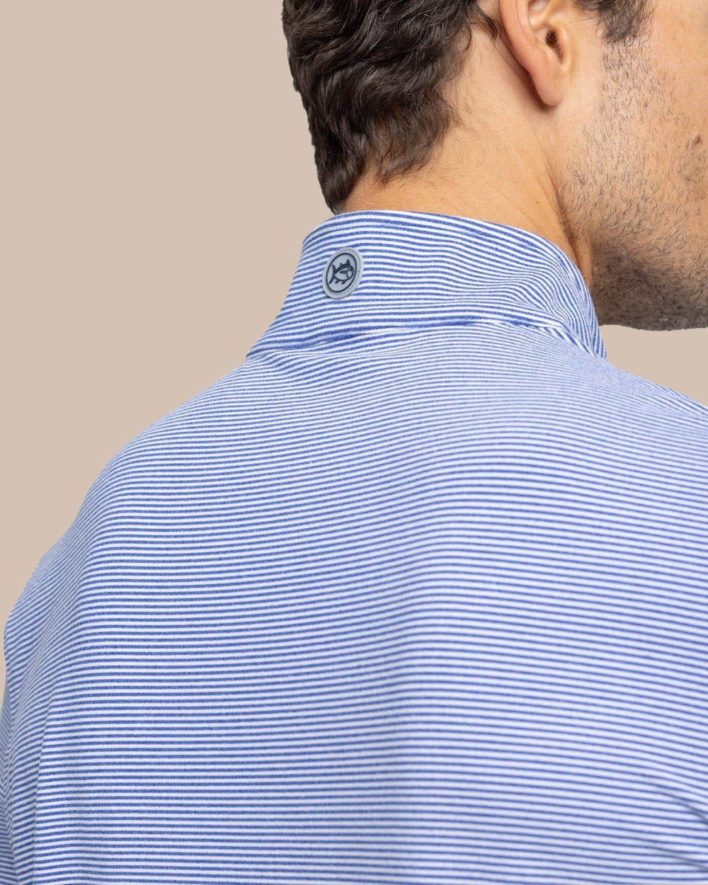 The yoke view of the Southern Tide Cruiser Micro-Stripe Heather Quarter Zip by Southern Tide - Heather University Blue