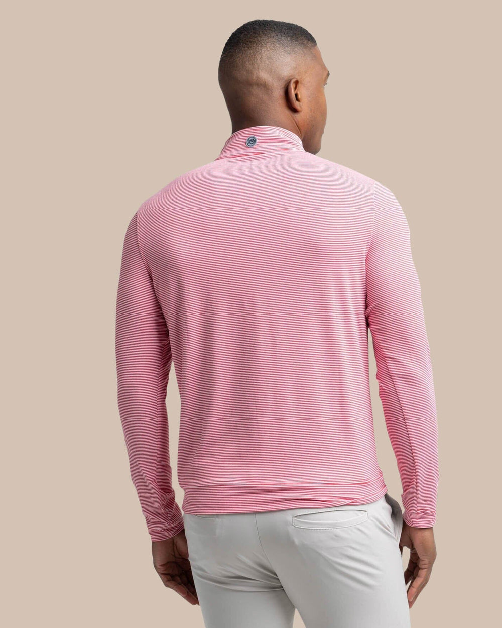The back view of the Southern Tide Cruiser Micro-Stripe Heather Quarter Zip by Southern Tide - Heather Varsity Red