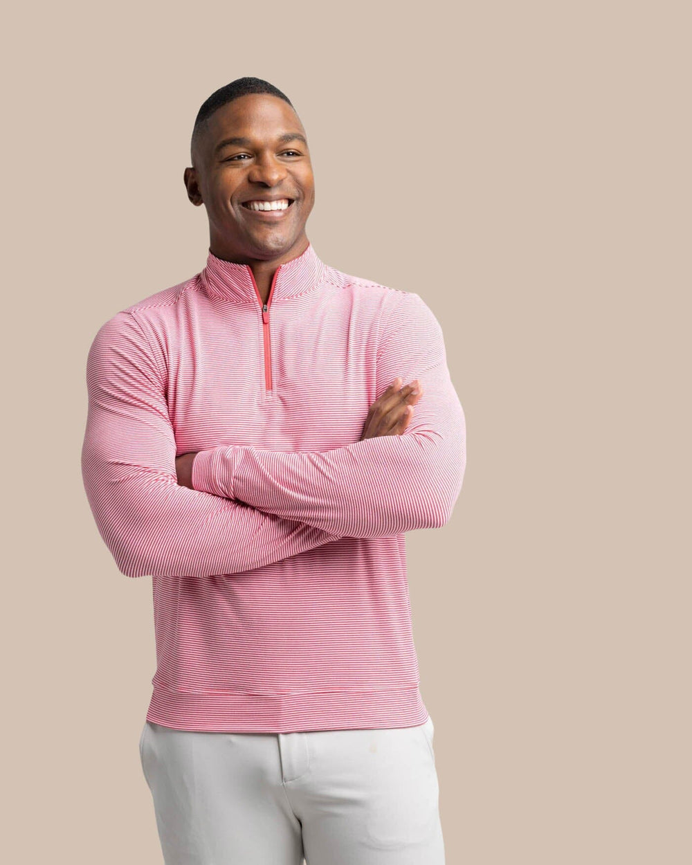 The front view of the Southern Tide Cruiser Micro-Stripe Heather Quarter Zip by Southern Tide - Heather Varsity Red