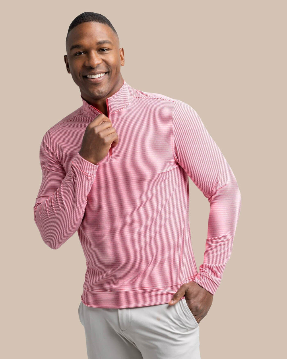 The front view of the Southern Tide Cruiser Micro-Stripe Heather Quarter Zip by Southern Tide - Heather Varsity Red