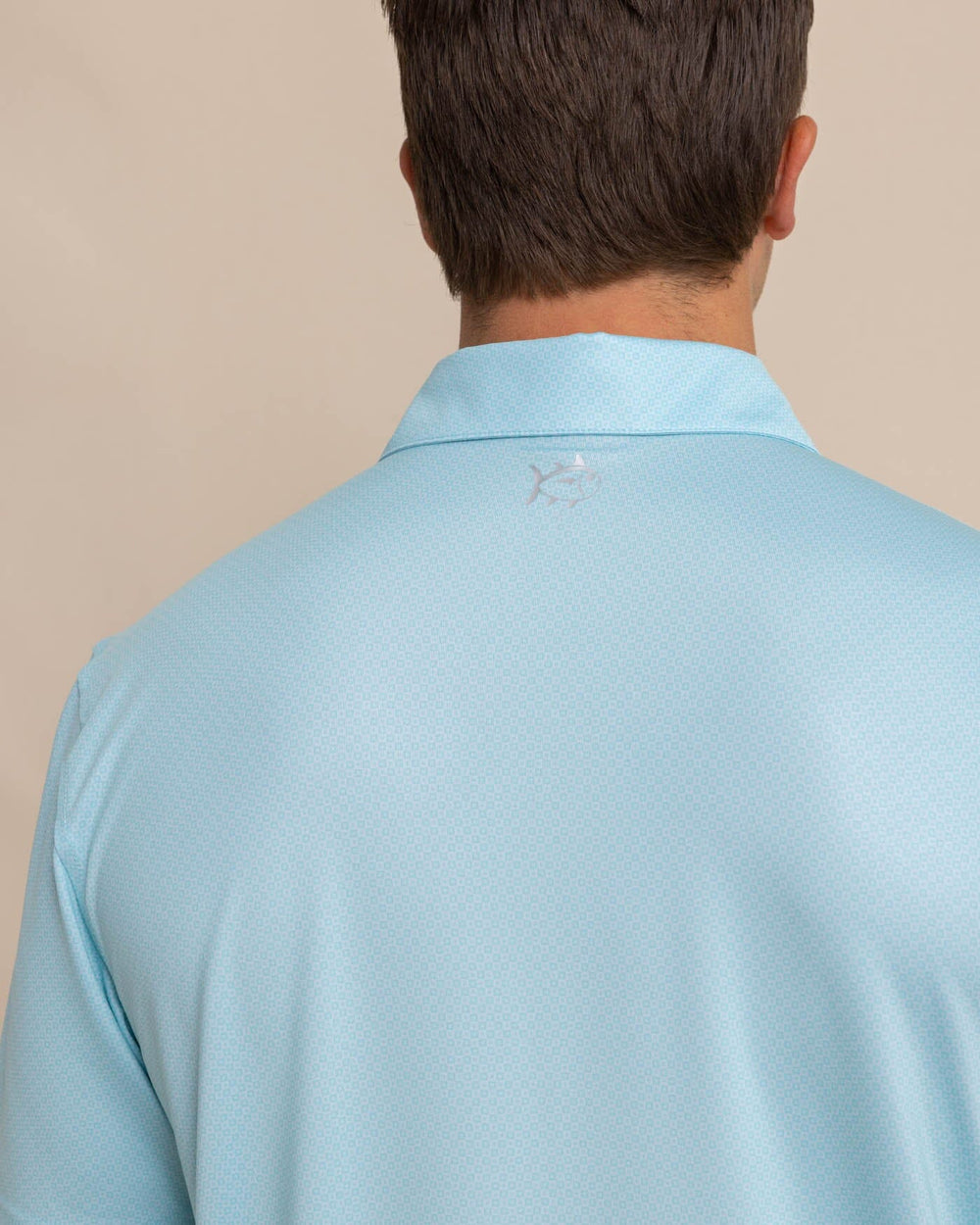 The detail view of the Southern Tide Driver Coastal Geo Polo Shirt by Southern Tide - Chilled Blue