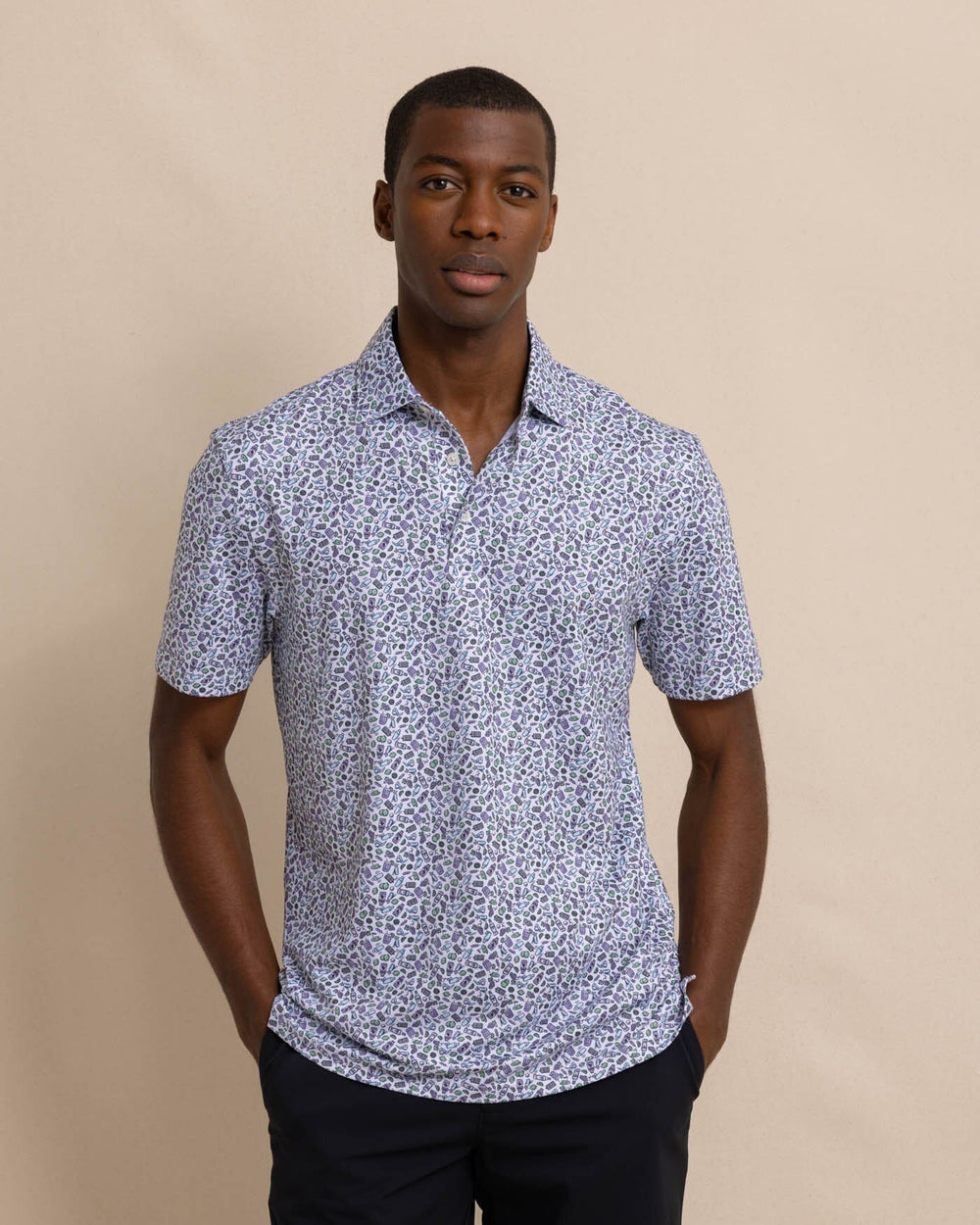 The front view of the Southern Tide Driver Dazed and Transfused Printed Polo by Southern Tide - Classic White