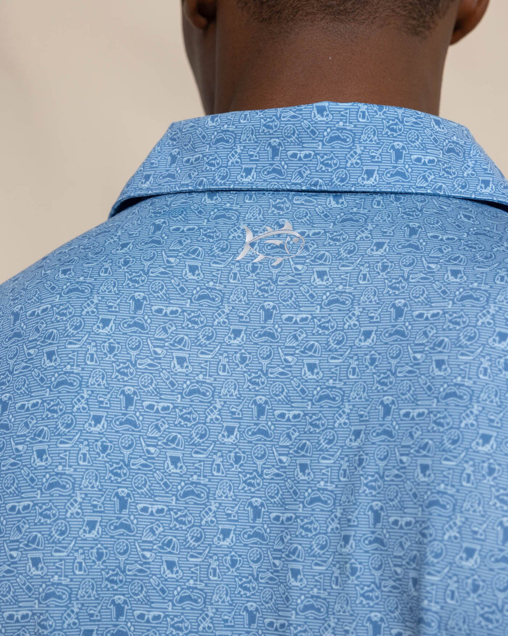 The detail view of the Southern Tide Driver Let's Go Clubbing Printed Polo by Southern Tide - Coronet Blue