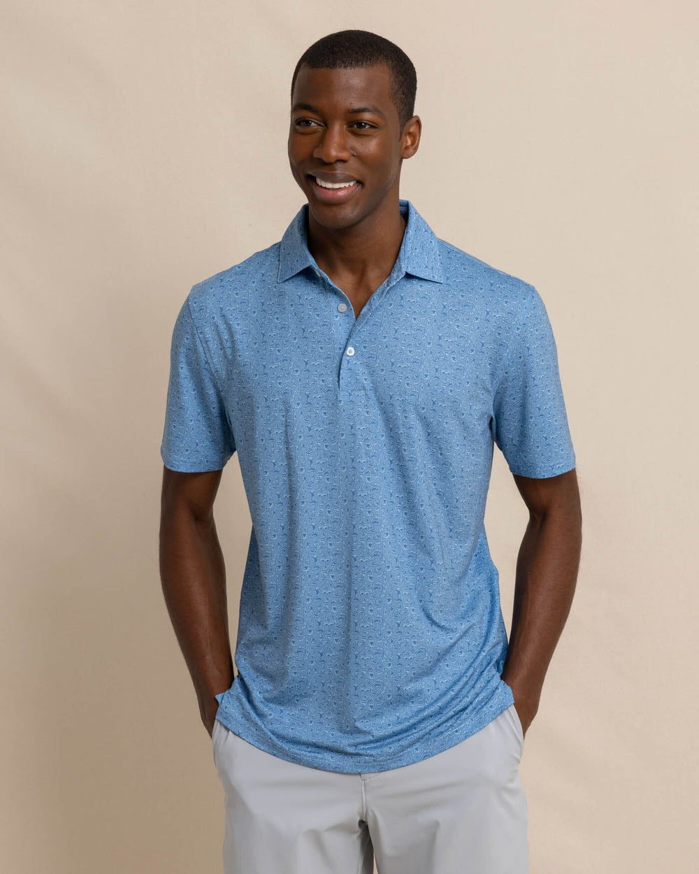The front view of the Southern Tide Driver Let's Go Clubbing Printed Polo by Southern Tide - Coronet Blue