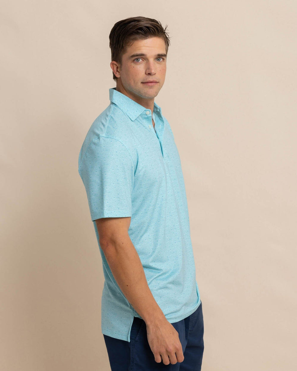 The front view of the Southern Tide Driver Let's Go Clubbing Printed Polo by Southern Tide - Ocean Aqua