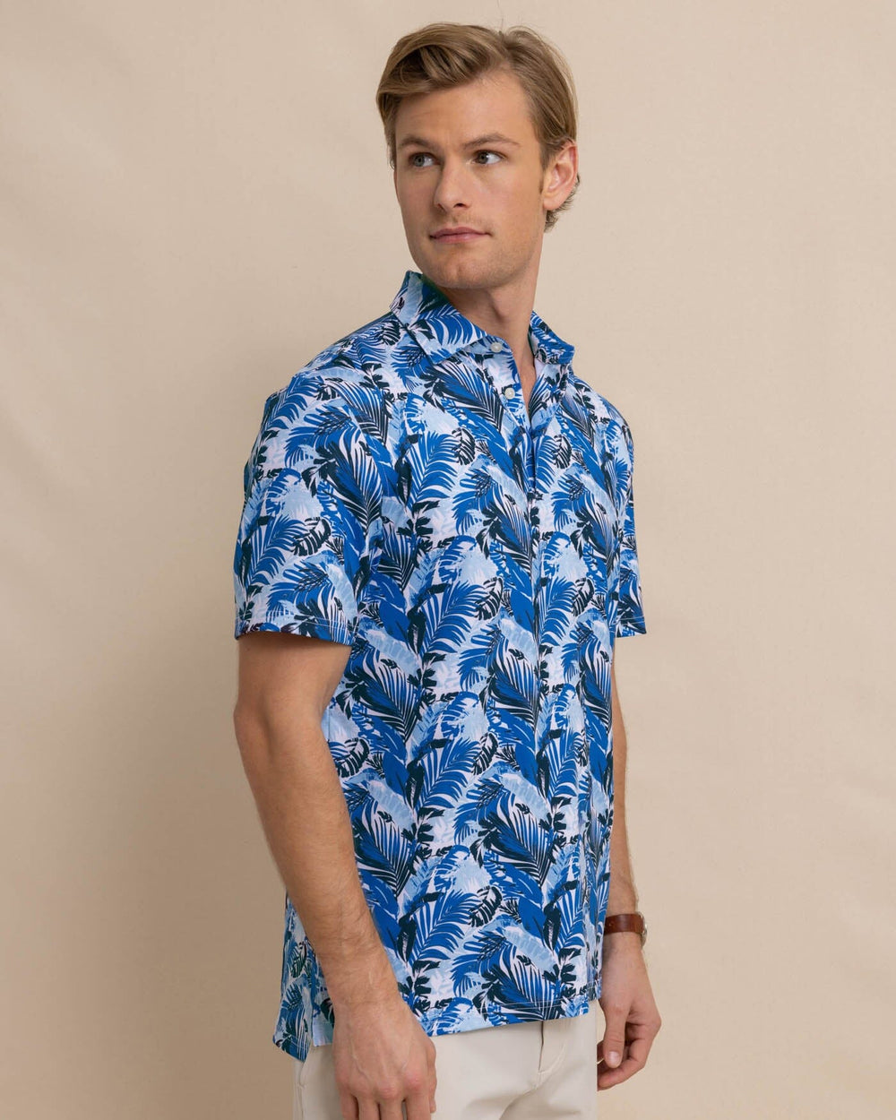 The front view of the Southern Tide Driver Paradise Palms Polo Shirt by Southern Tide - Classic White